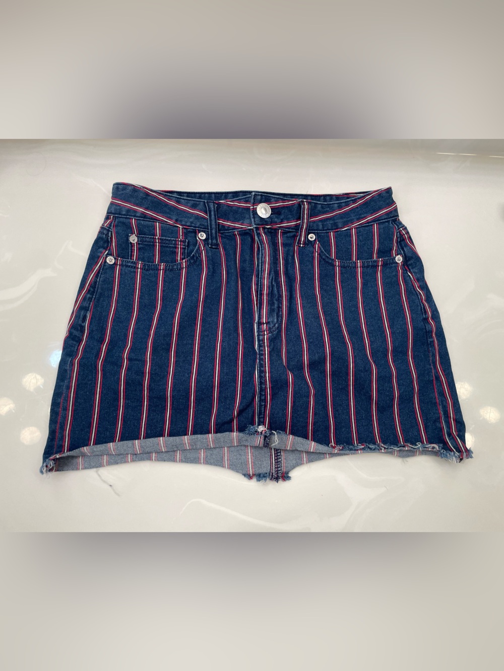 American Eagle Outfitters Navy Blue Denim Mini Skirt with Red & White Stripes